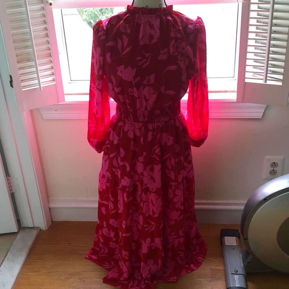 High-Neck Floral Long-Sleeve Midi Dress in Magenta